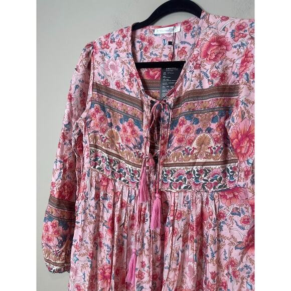 R Vivimos Maxi Dress Size XS Boho Cottage Peasant Floral Pink Tassel Flowy - Picture 2 of 8